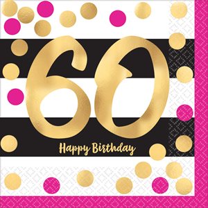 60th gold & pink b-day lunch napkins 16pcs