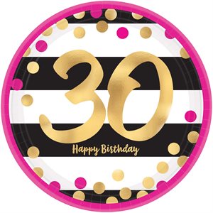 30th gold & pink b-day plates 9in 8pcs