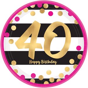 40th gold & pink b-day plates 9in 8pcs