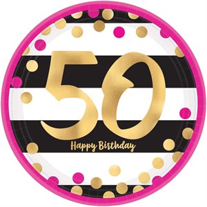50th gold & pink b-day plates 9in 8pcs