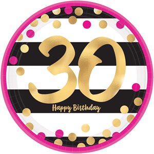 30th gold & pink b-day plates 7in 8pcs