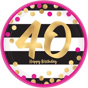 40th gold & pink b-day plates 7in 8pcs