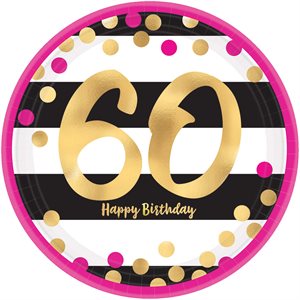 60th gold & pink b-day plates 7in 8pcs