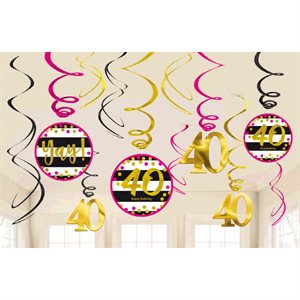 40th gold & pink b-day swirl decorations 12pcs