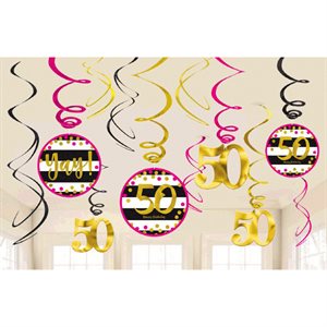 50th gold & pink b-day swirl decorations 12pcs