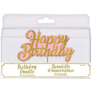 Chandelle rose & doré brillante "happy birthday"