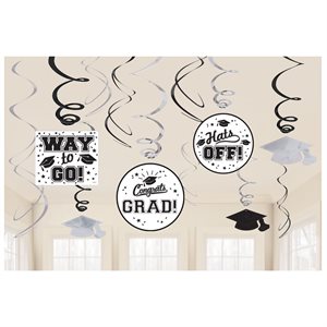 12 decorations en tourbillons blanc & noir "congrats grad!" graduation