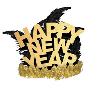 Couronne dorée "Happy New Year" avec plumes noires
