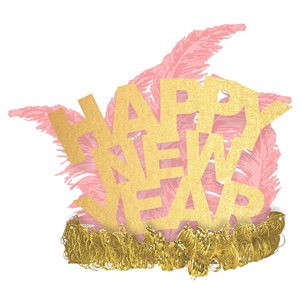 Happy New Year gold tiara with pink feathers
