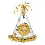Chapeau cône blanc coloré 10.5po "Happy New Year" doré