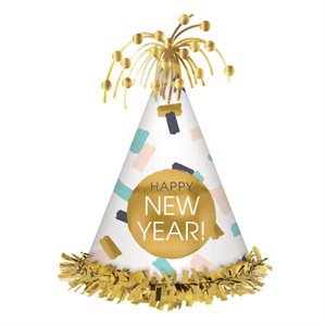 Chapeau cône blanc coloré 10.5po "Happy New Year" doré