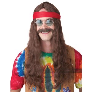 Hippie man brown wig & moustache