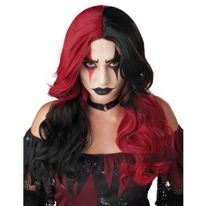 Adult long wavy red & black jester wig