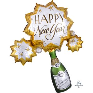 Champagne bottle & star burst happy new year supershape foil balloon