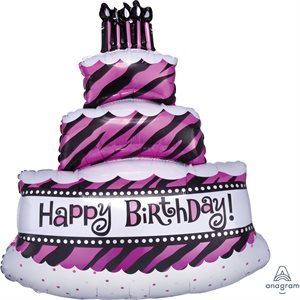 Birthday cake zebra striped black & pink supershape foil balloon