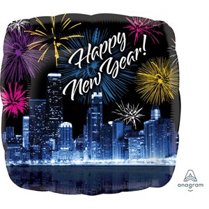 Skyline & fireworks happy new year square std foil balloon