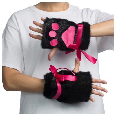 Black & pink plush paw gloves