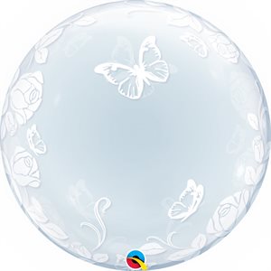 Ballon bulle clair avec fleurs & papillons blancs