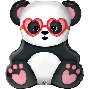 Ballon métallique supershape panda avec lunette coeur rouge