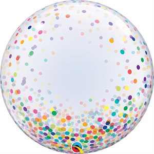 Multicoloured confetti on clear bubble balloon