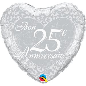 Ballon métallique std Bon 25e anniversaire coeur argent