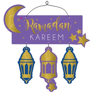 Enseigne en MDF brillant bleu & doré Ramadan kareem