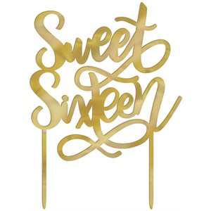 Sweet Sixteen gold cake topper 6.5x3.75in