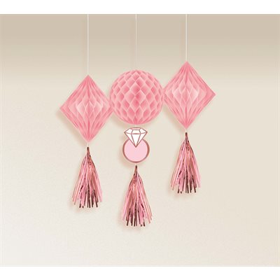 Pink wedding & ring honeycomb decorations 3pcs