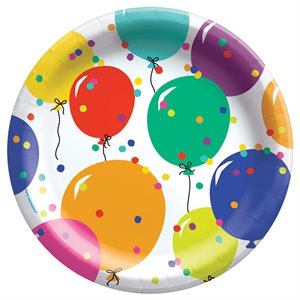 Multicolored balloons & confetti plates 6.75in 8pcs