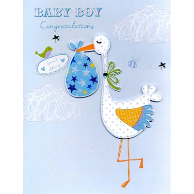 Géante carte de souhait "baby boy congratulations, special delivery"