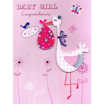 Géante carte de souhait "baby girl congratulations, special delivery"