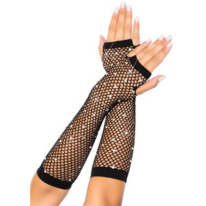 Black fishnet fingerless arm sleeves with rhinestone & diamond