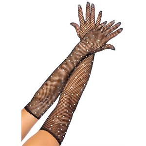 Black long fishnet gloves with rhinestone & diamond