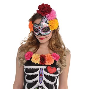 Demi-masque brillant jour des morts avec fleurs