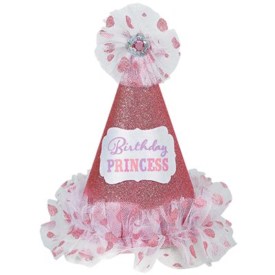 Birthday princess glitter pink cone hat with white tulle