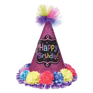 Happy birthday glitter pink cone hat with flowers & tulle