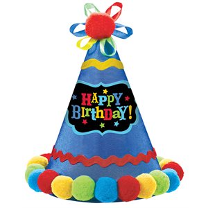 Happy birthday blue cone hat with pompoms
