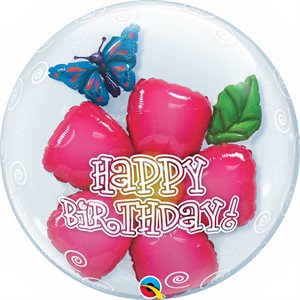 Ballon bulle double happy birthday avec fleur & papillon